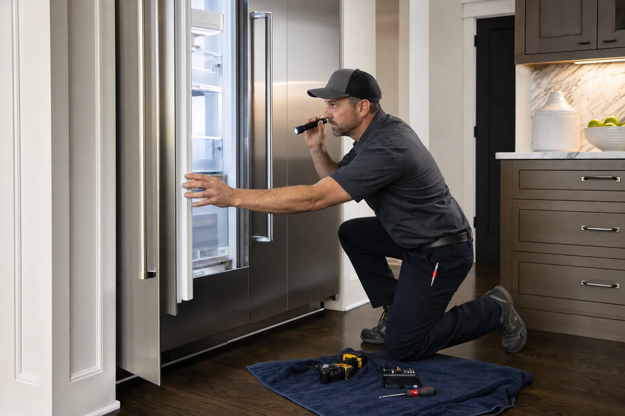 Technician repairing a built-in refrigerator up close