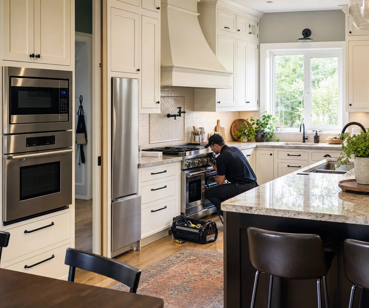 A luxury kitchen with built-in stainless appliances up close