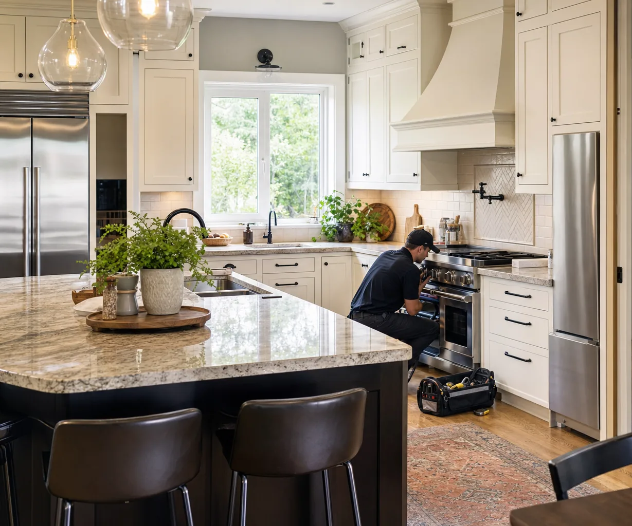 A luxury kitchen with built-in stainless appliances mid-repair