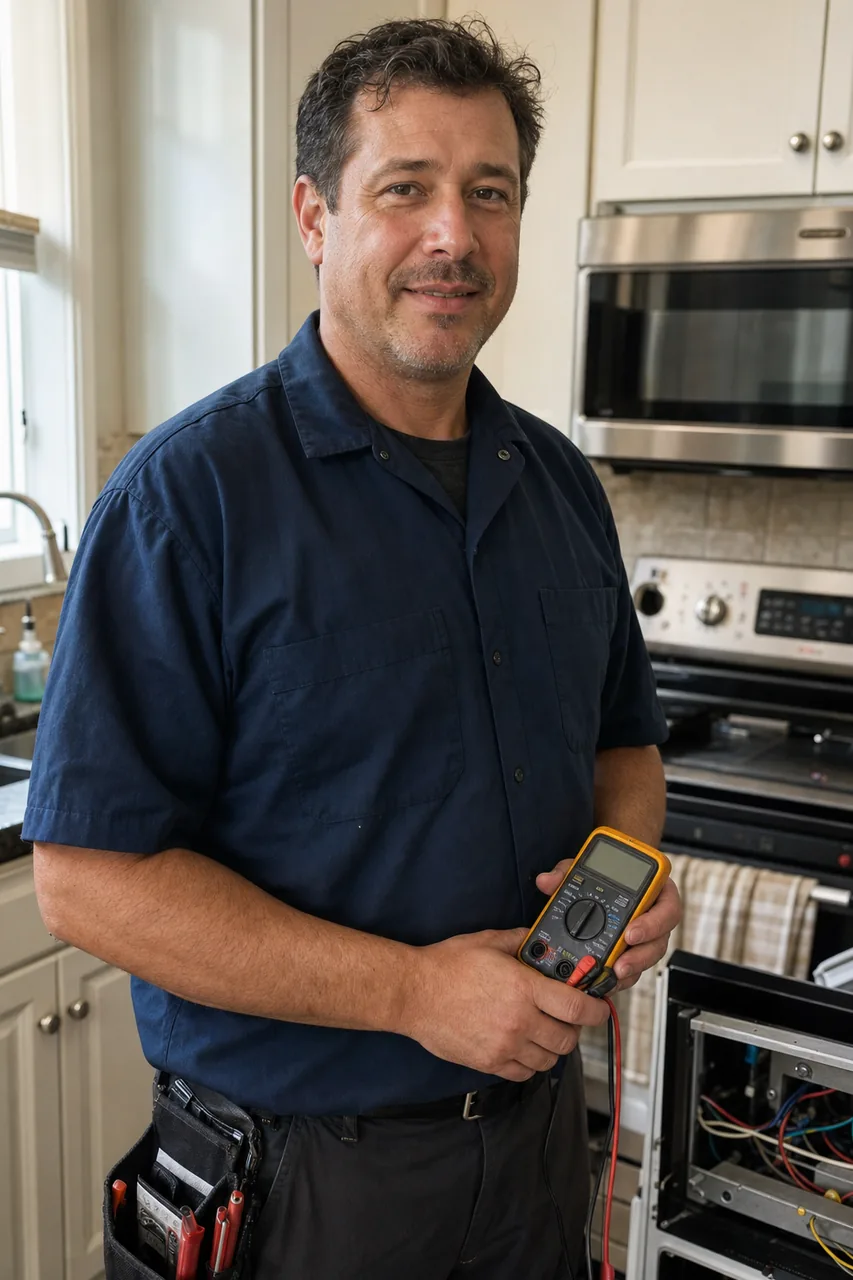 A Viking appliance repair technician in a Fairfield kitchen holding a multimeter